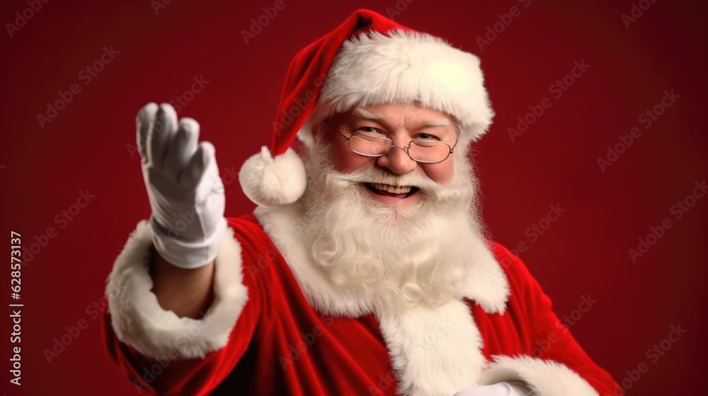 Happy Santa Claus waving on a red empty background. Generative AI Happy Santa Claus waving on a red empty background. Generative AI