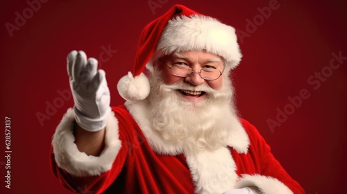 Happy Santa Claus waving on a red empty background. Generative AI