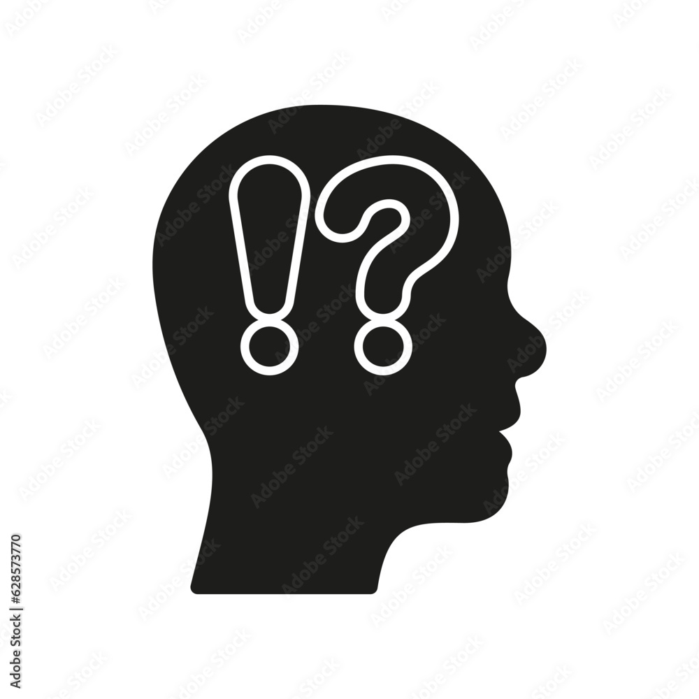 Human Head with Exclamation Point and Question Mark Silhouette Icon. Doubt Sign. Man Confused Glyph Pictogram. Curious Person Face in Profile View Solid Symbol. Isolated Vector Illustration Human Head with Exclamation Point and Question Mark Silhouette Icon. Doubt Sign. Man Confused Glyph Pictogram. Curious Person Face in Profile View Solid Symbol. Isolated Vector Illustration
