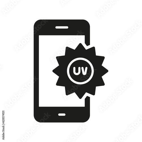 UV Index Mobile App Silhouette Icon. Ultraviolet Radiation Level Glyph Pictogram. Use Technology for Skincare in Summer Time Symbol. Sunlight Smartphone Application Sign. Isolated Vector Illustration