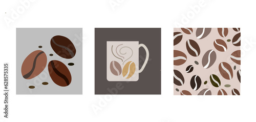 International Coffee day collection icon set. Coffee beans, coffee mug and  seamless coffee beans background . Three in one set. October 1. Global beverage.