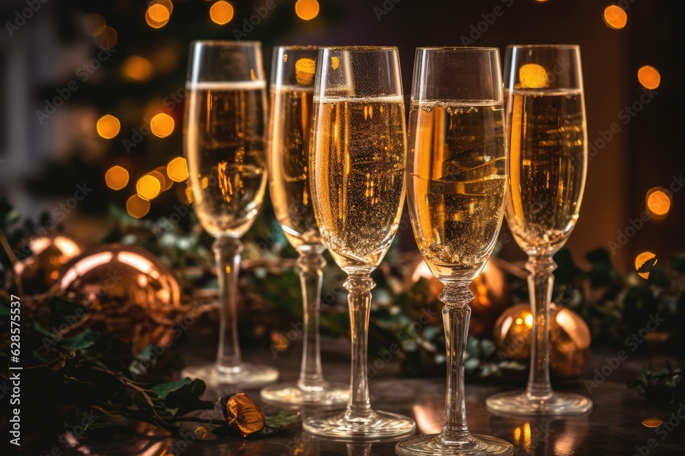 group of champagne glasses on table with christmas decorations and blurred decorated tree, Generative AI group of champagne glasses on table with christmas decorations and blurred decorated tree, Generative AI