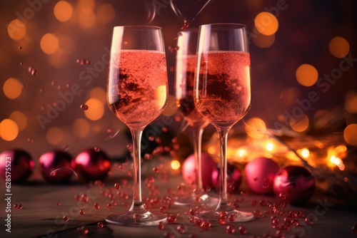 glasses of rose champagne on a wooden decorated table on a blurred background, Generative AI