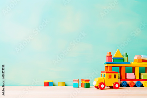 Colorful wooden toy blocks on wooden table in the Children's room. Copy space © chandlervid85