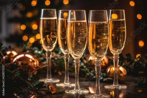 group of champagne glasses on table with christmas decorations and blurred decorated tree, Generative AI