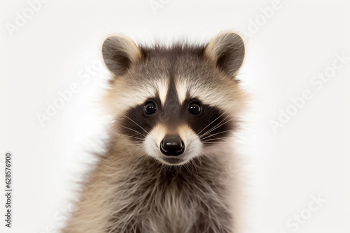 With an air of pure innocence, a baby raccoon stands out on a pristine white backdrop, guided by the enchanting glow of studio lighting. Generative AI.