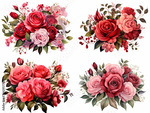 Stampa su tela Roses bouquets clipart set on a white background