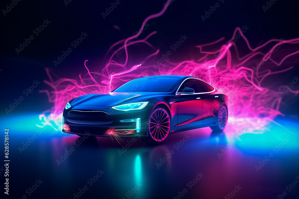 Captivating electric car radiating a mesmerizing display of shimmering lights, epitomizing futuristic elegance and eco-conscious luxury. generative Al. Captivating electric car radiating a mesmerizing display of shimmering lights, epitomizing futuristic elegance and eco-conscious luxury. generative Al.