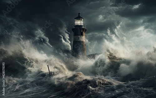 Waves crashing over a lighthouse. Created with Generative AI technology. © lililia