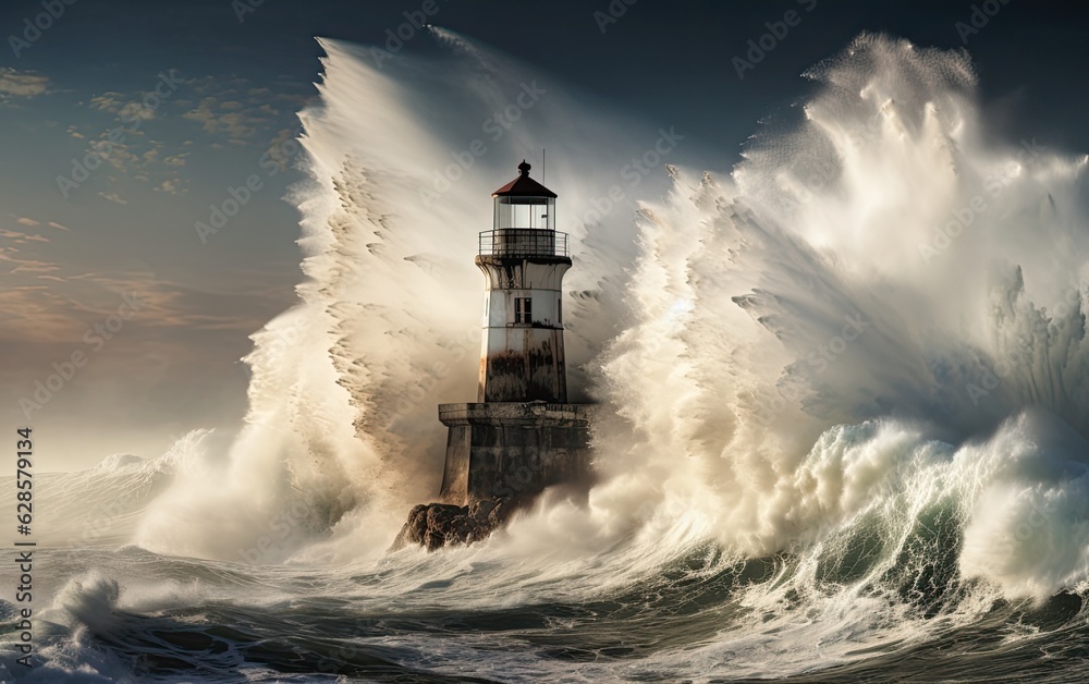 Waves crashing over a lighthouse. Created with Generative AI technology.