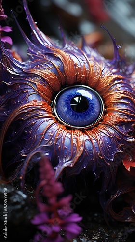 AI generated illustration of a close-up of a menacing-looking flower with a blue eye in the center