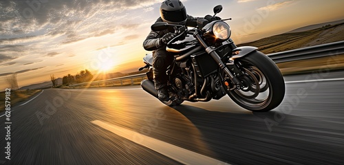 motorbike on the road riding. having fun driving the empty road on a motorcycle tour journey. copyspace for your individual text. Created with Generative AI technology.