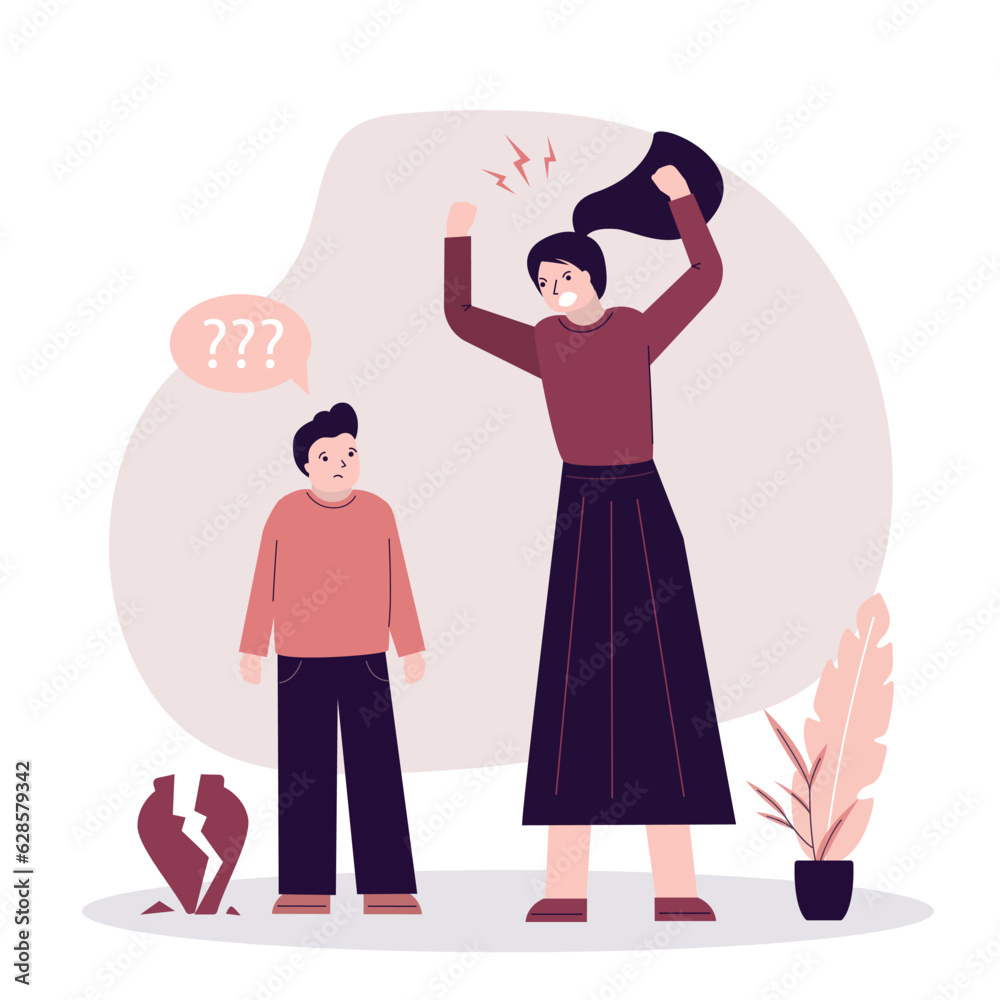 Mom yells at her son because of broken vase. Great activity of child