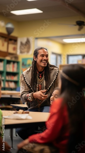 AI generated illustration of a native American in traditional attire teaching a group of children