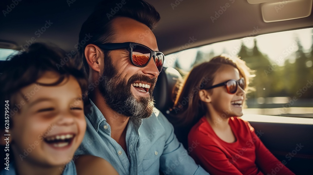 Happy family traveling together in the back seat of their car. Ai generated
