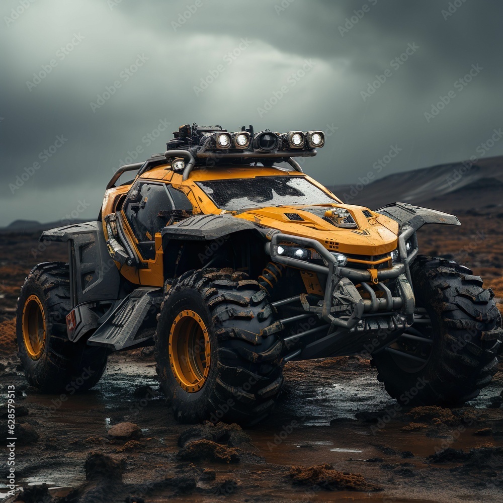 Futuristic 4x4 car driving down a rocky terrain, AI-generated. Futuristic 4x4 car driving down a rocky terrain, AI-generated.