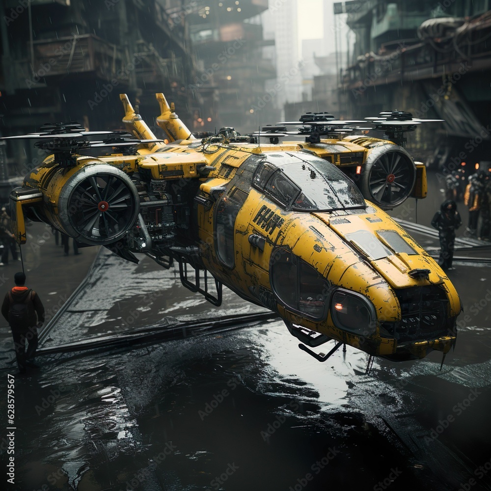 Yellow futuristic helicopter cab in a gloomy city setting. AI-generated.