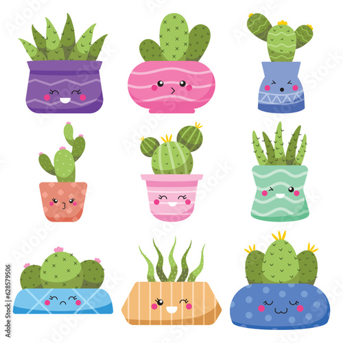 Set of kawaii cactus vector