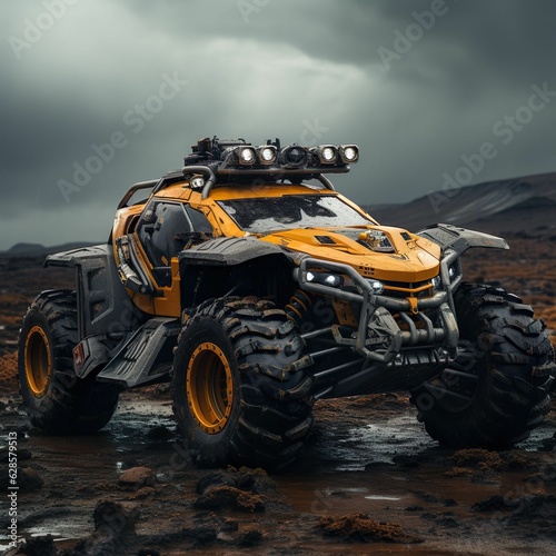 Futuristic 4x4 car driving down a rocky terrain, AI-generated.