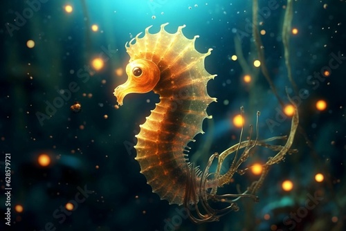AI generated illustration of an aquamarine landscape featuring two seahorses drifting in deep ocean