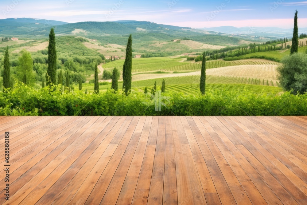 European Vineyard Haven: Motion Blur Panorama of Wood Flooring and Lush Vineyard