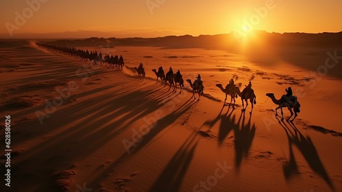 Aerial View of a Caravan of Camels Crossing the Sahara Desert at Sunset