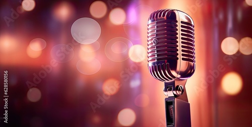 Cancelled concert. restaurants business are losing money. Microphone on colorful background. Close-up of retro microphone at concert. Created with Generative AI technology.