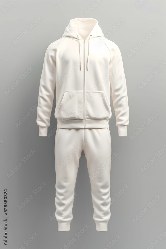 AI generated illustration of a white tracksuit on a gray background AI generated illustration of a white tracksuit on a gray background