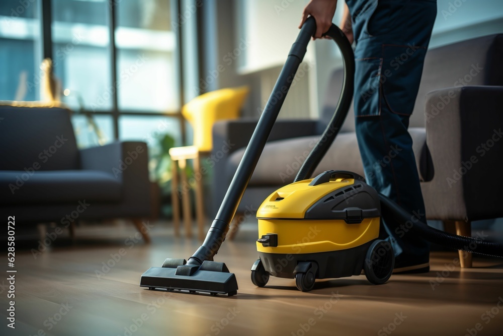 a person standing in a modern living room with hardwood floors, using a yellow cordless vacuum a person standing in a modern living room with hardwood floors, using a yellow cordless vacuum