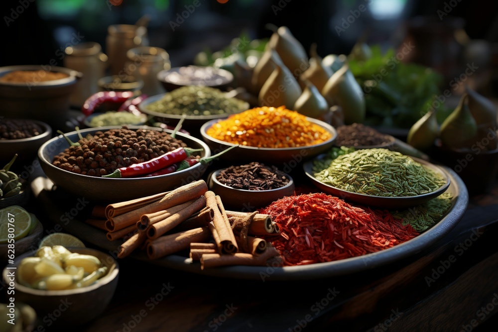 Array of colorful spices on a rustic wooden table. AI-generated.