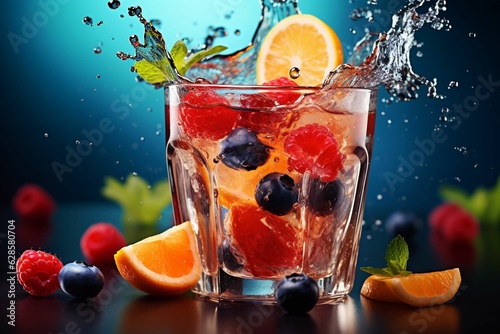 Fotobehang A refreshing beverage is prepared by combining blueberries, oranges, and mint in