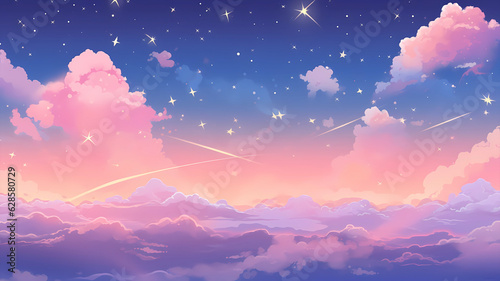 Hand drawn beautiful cartoon night starry sky landscape illustration 