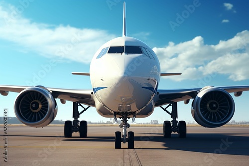 A commercial airplane is seen from the front view while parked on the runway of an airport