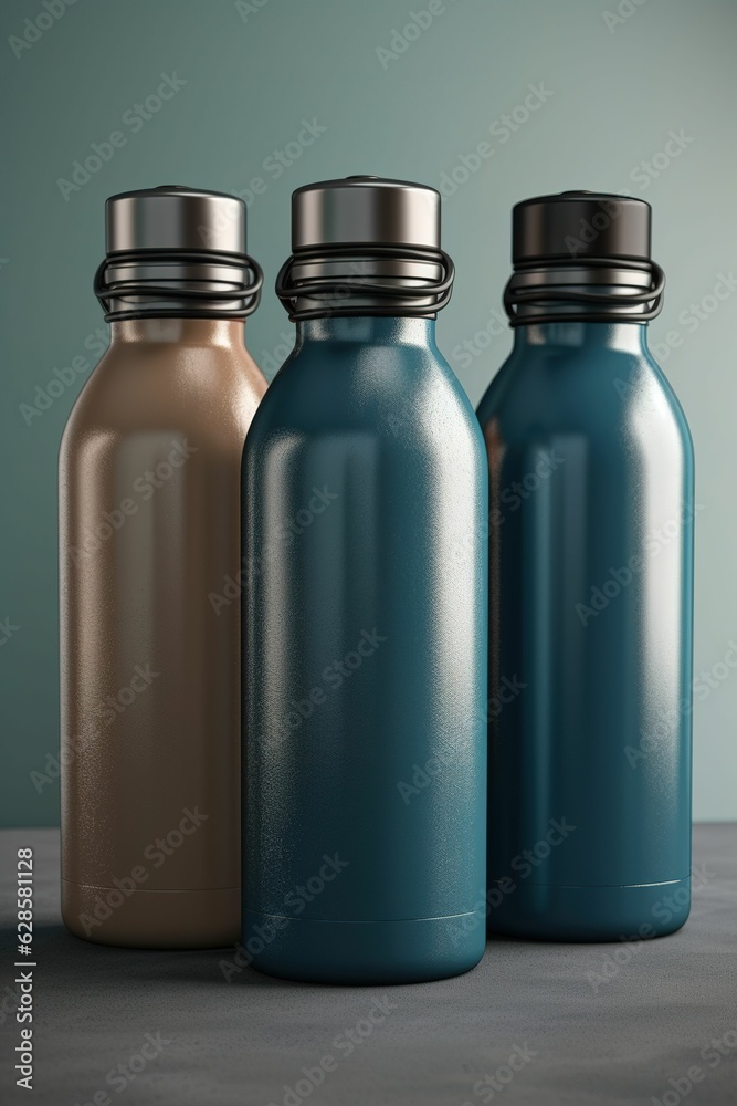 Three colored water bottles on a tabletop, AI-generated. Three colored water bottles on a tabletop, AI-generated.