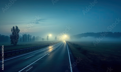 Classic night view of the road. Evening road after rain. Highway to city on sunset. For banner, postcard, book illustration. Created with generative AI tools