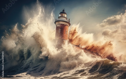 Waves crashing over a lighthouse. Created with Generative AI technology.