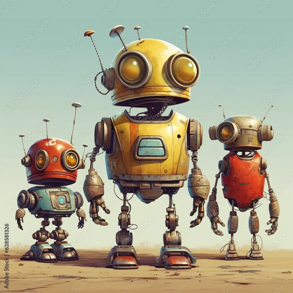 AI-generated illustration of three colorful and slightly rusty retro robots standing side-by-side AI-generated illustration of three colorful and slightly rusty retro robots standing side-by-side