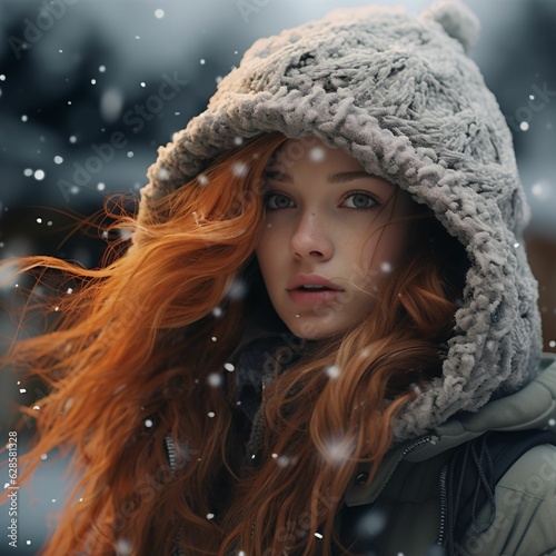 Young woman with red hair wearing a winter hood in snowfall. AI-generated.