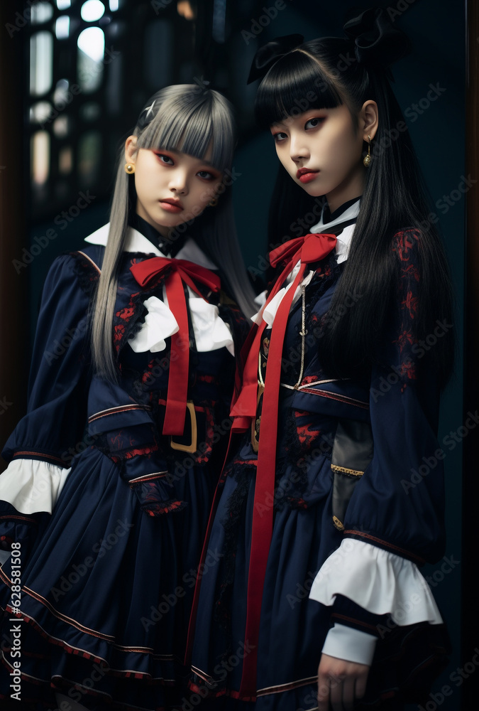 Generative ai portrait two young fashion model asiatic women posing