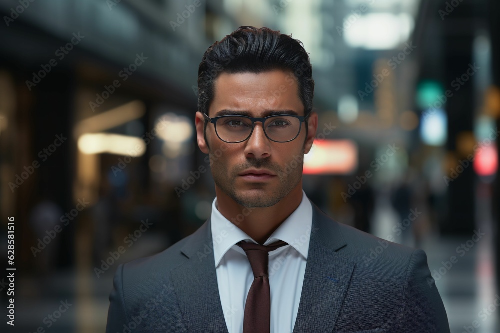Portrait of a handsome man wearing a dark gray business suit and glasses. AI-generated. Portrait of a handsome man wearing a dark gray business suit and glasses. AI-generated.