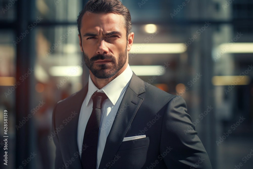 Handsome, well-dressed businessman stands outside, looking at the camera. AI-generated.