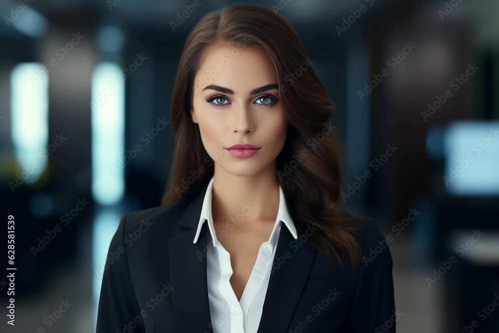 Young female professional in a black suit and crisp white shirt. AI-generated. Young female professional in a black suit and crisp white shirt. AI-generated.