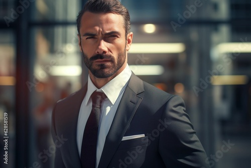 Handsome, well-dressed businessman stands outside, looking at the camera. AI-generated. © Excalibur1/Wirestock Creators