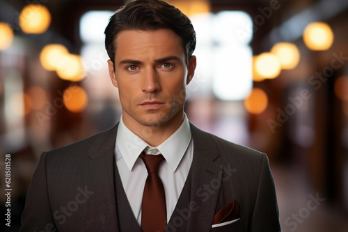 Caucasian man in a business suit looking at the camera with a serious expression. AI-generated.