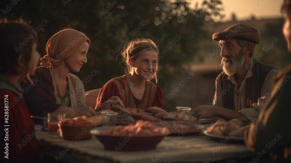 AI-generated illustration of a smiling girl sitting at a wooden rustic table with her family. AI-generated illustration of a smiling girl sitting at a wooden rustic table with her family.