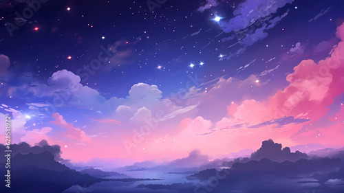 Hand drawn beautiful cartoon night starry sky landscape illustration  © 俊后生