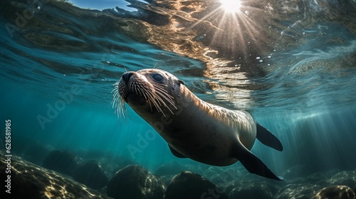 AI generated illustration of an adorable seal swimming beneath the sun-dappled surface of the sea © Voldemars Bugoveckis/Wirestock Creators
