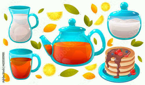 Set of tea, lemon, sugar, milk, mug, pancakes in cartoon style. Welcome autumn. Vector illustration