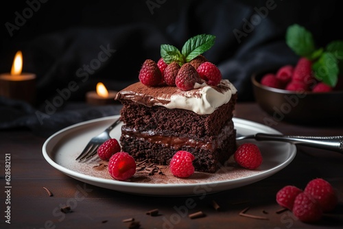 AI generated illustration of a chocolate cake on a white plate with raspberries for decoration