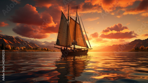 Serene Voyage: Sailing into the Evening Sea. Generative AI